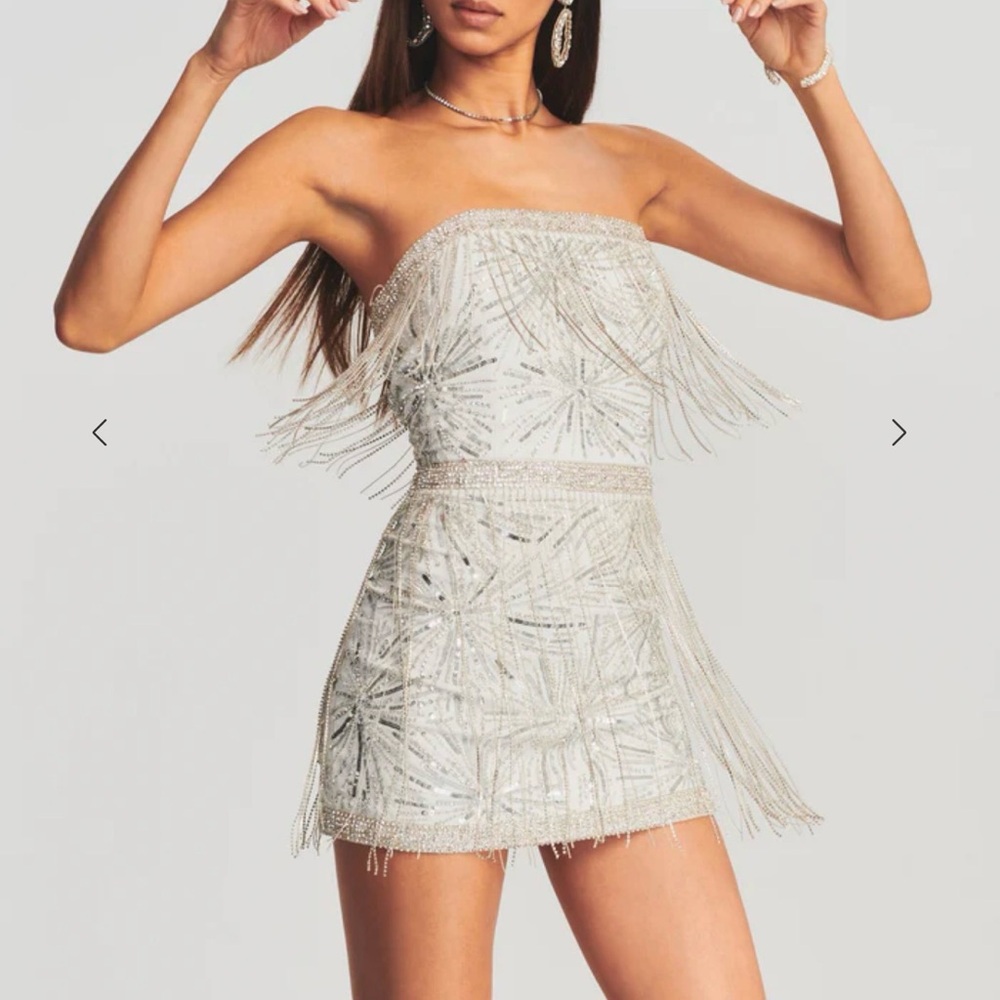 Retrofete Strapless Silver Beaded Fringe Mini Dress